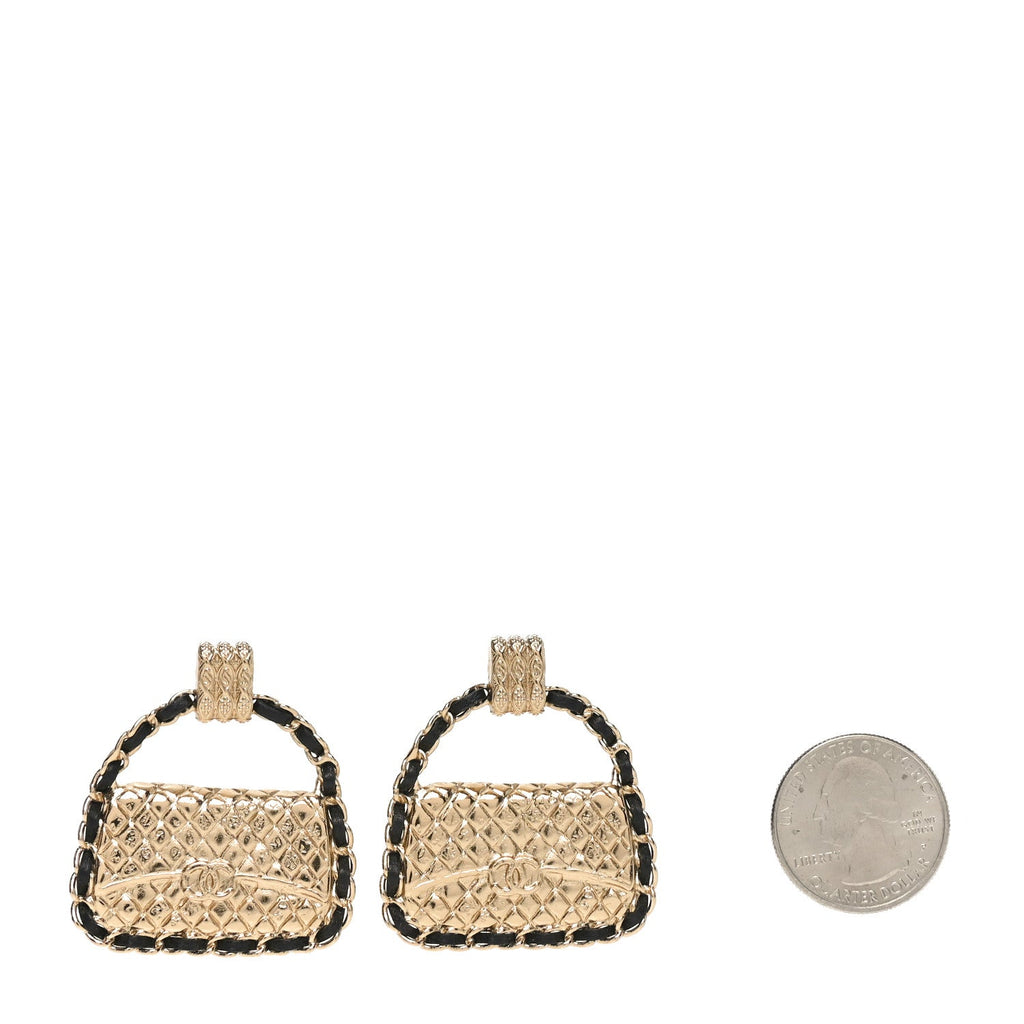Metal Lambskin Quilted CC Chain Flap Bag Earrings Gold Black