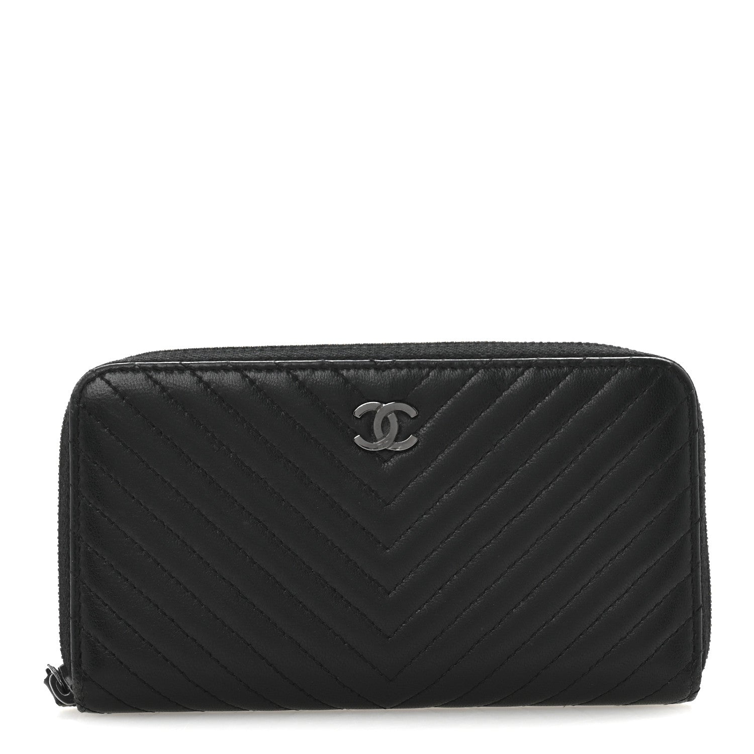 Lambskin Chevron Quilted Zip Around Wallet Black