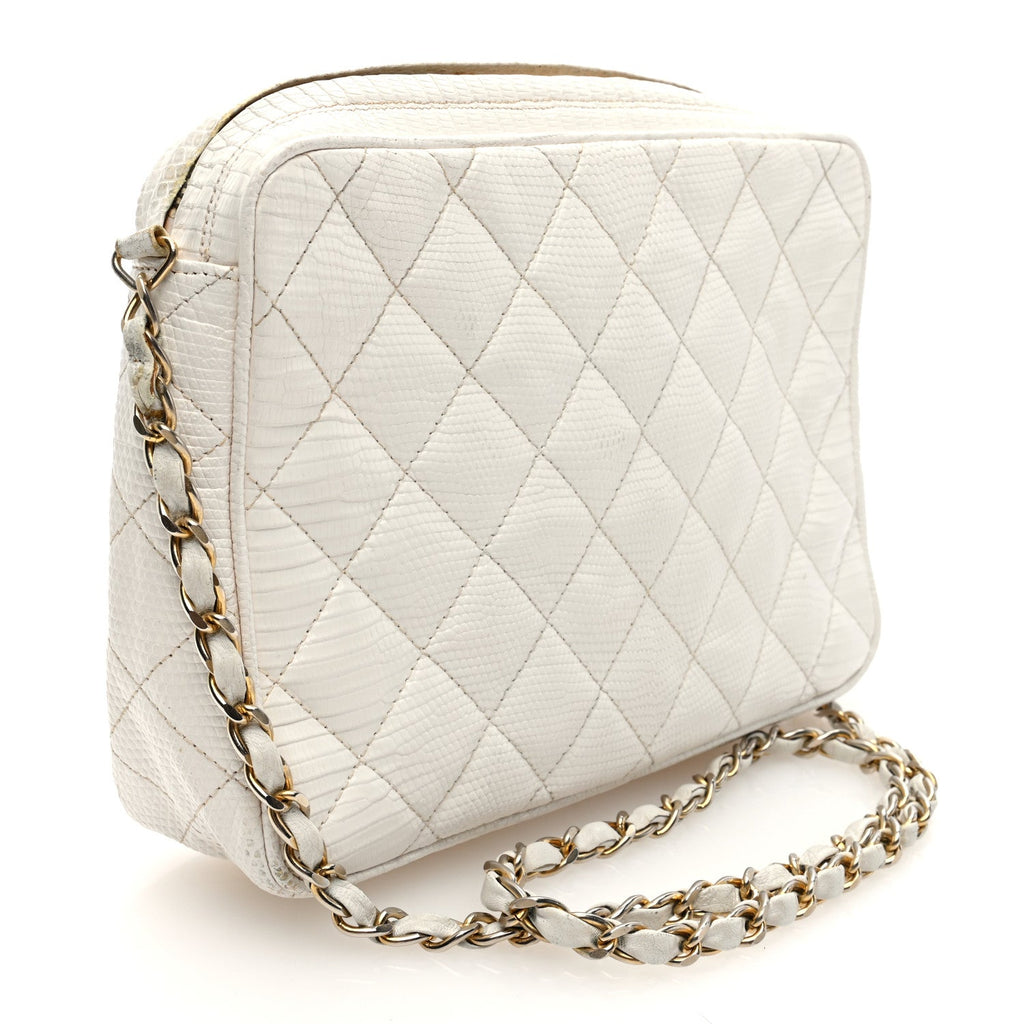 Lizard Quilted Small Tassel Camera Case White