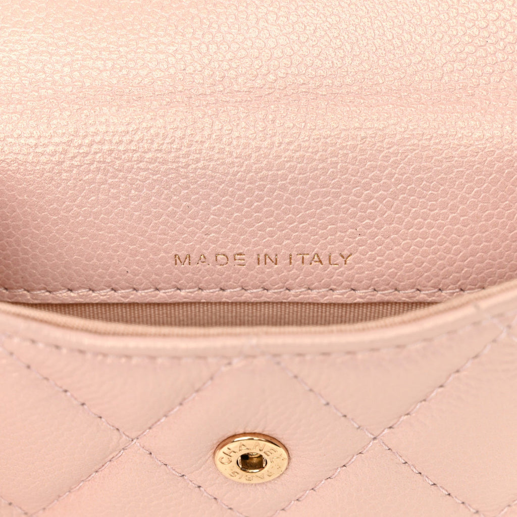 Iridescent Caviar Quilted Pearl On Top Coin Purse With Chain Light Pink