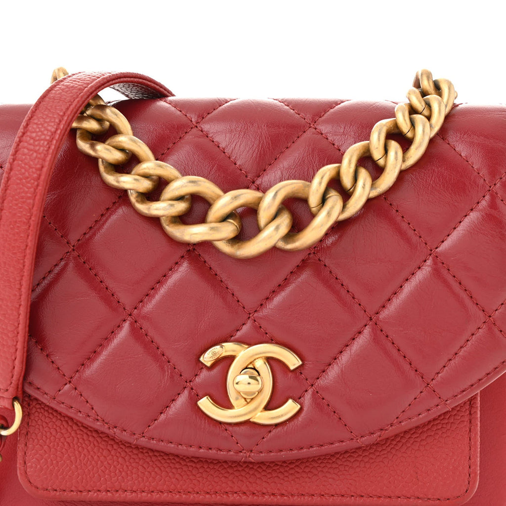 Calfskin Caviar Quilted Mini Chain Handle Flap  Red
