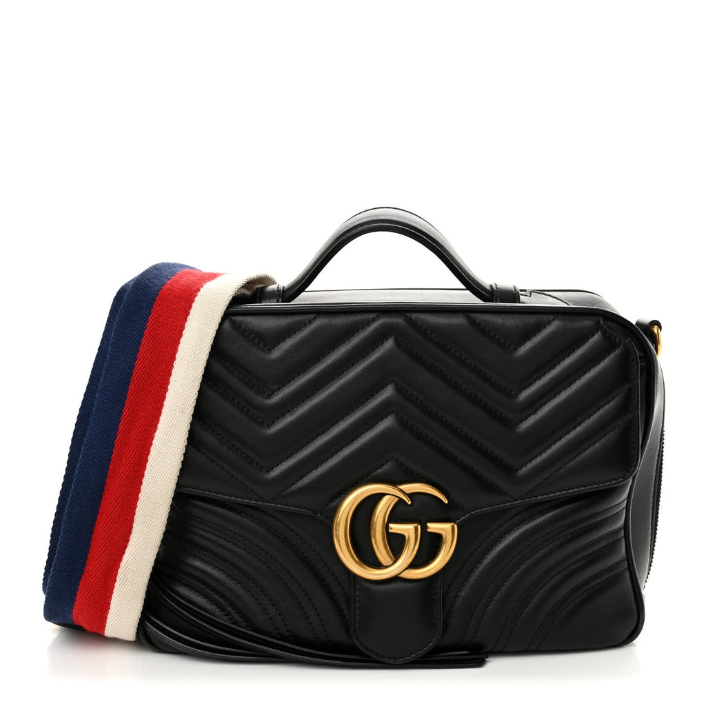 Calfskin Matelasse Sylvie Web Small GG Marmont Top Handle Shoulder Bag Black