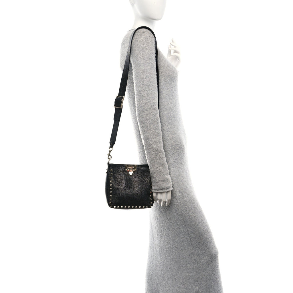 Pebbled Calfskin Mini Rockstud Flip-Lock Messenger Bag Black