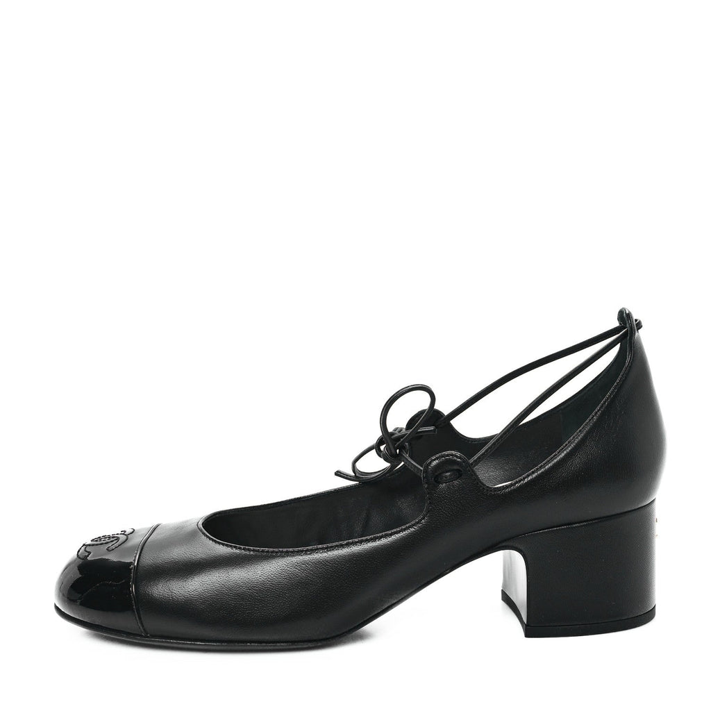 Lambskin Patent Cap Toe CC Mary Jane Pumps 39 Black