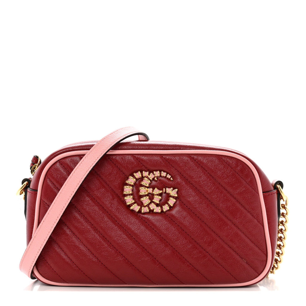 Azalea Calfskin Enamel Matelasse Diagonal Small Torchon GG Marmont Chain Shoulder Bag New Cherry Red Wild Rose
