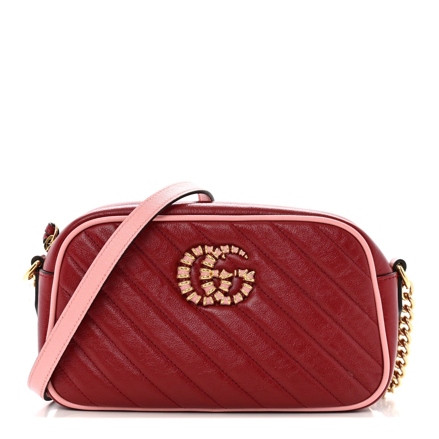 Azalea Calfskin Enamel Matelasse Diagonal Small Torchon GG Marmont Chain Shoulder Bag New Cherry Red Wild Rose