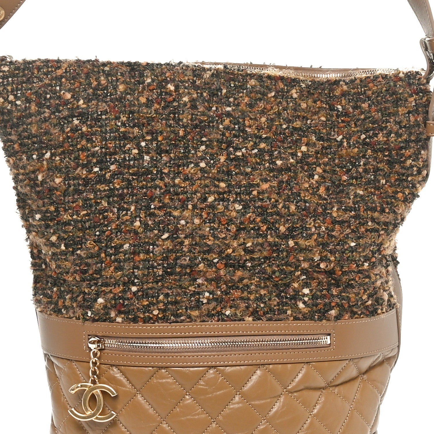 Tweed Aged Calfskin Quilted Casual Style Hobo Beige