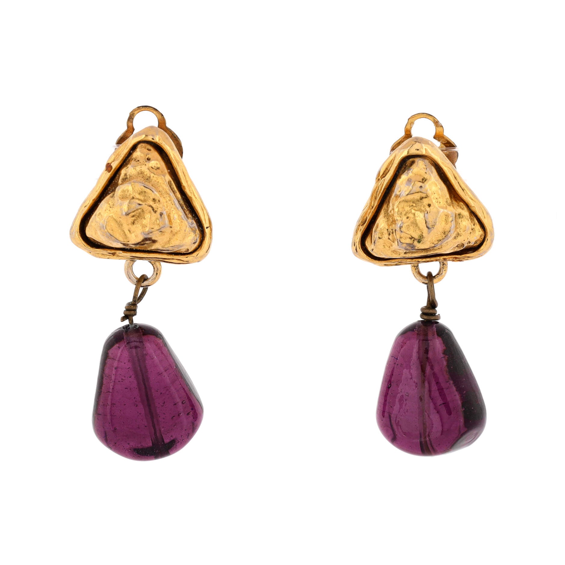 Vintage Triangle CC Teardrop Clip-On Earrings Metal with Gripoix