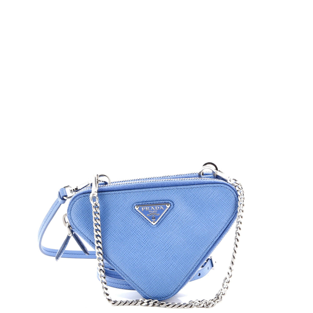 Triangle Double Zip Pouch Bag with Chain Saffiano Leather Mini