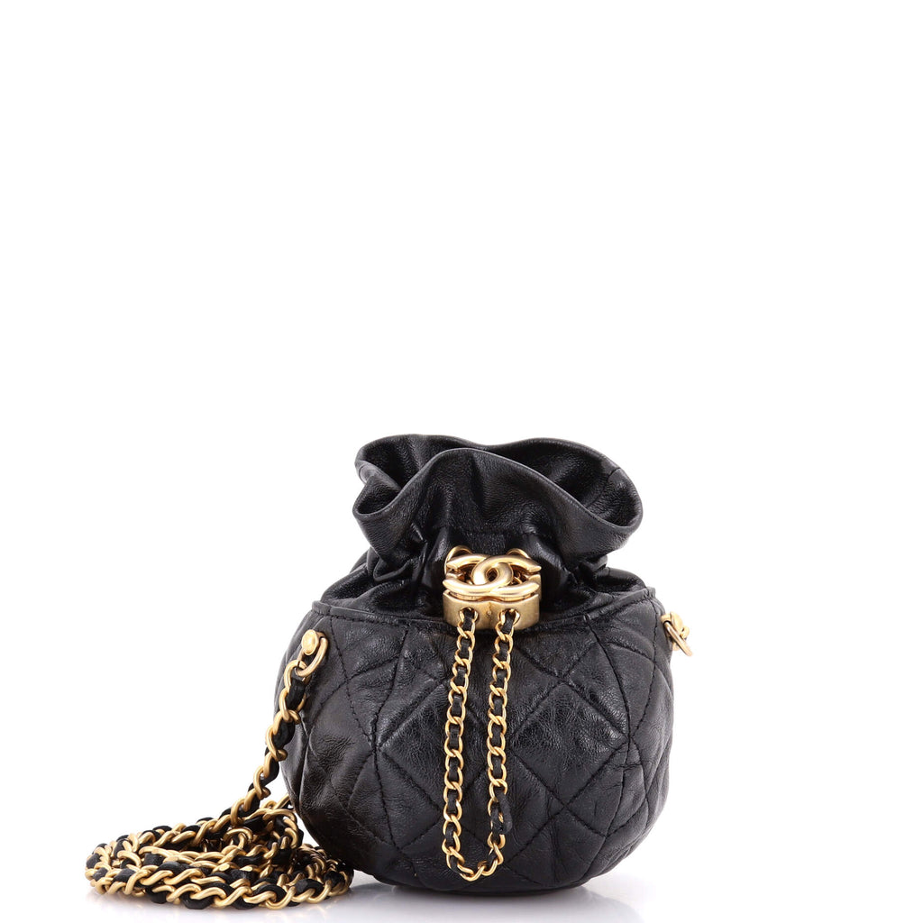 Drawstring CC Round Bucket Clutch with Chain Quilted Lambskin Mini