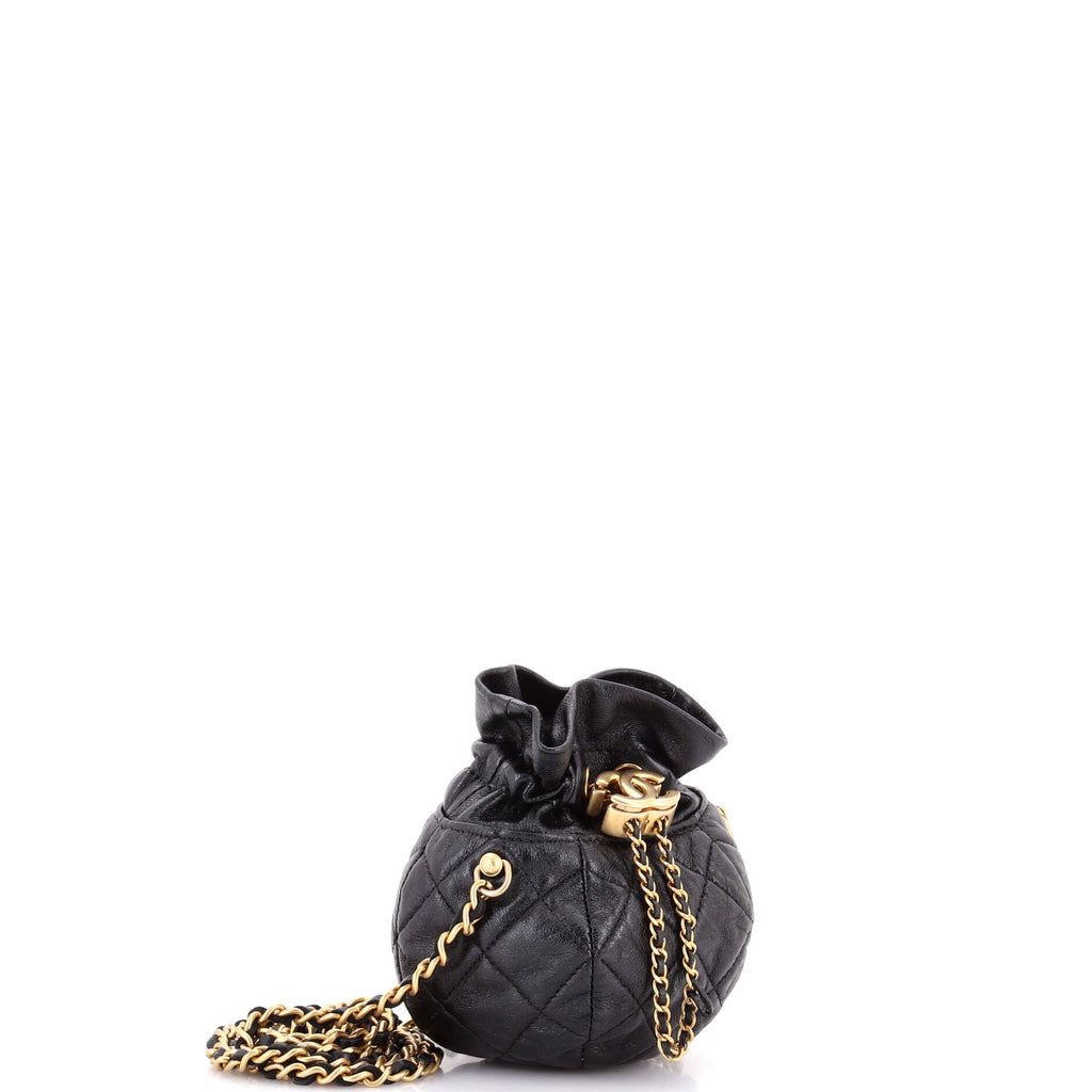 Drawstring CC Round Bucket Clutch with Chain Quilted Lambskin Mini