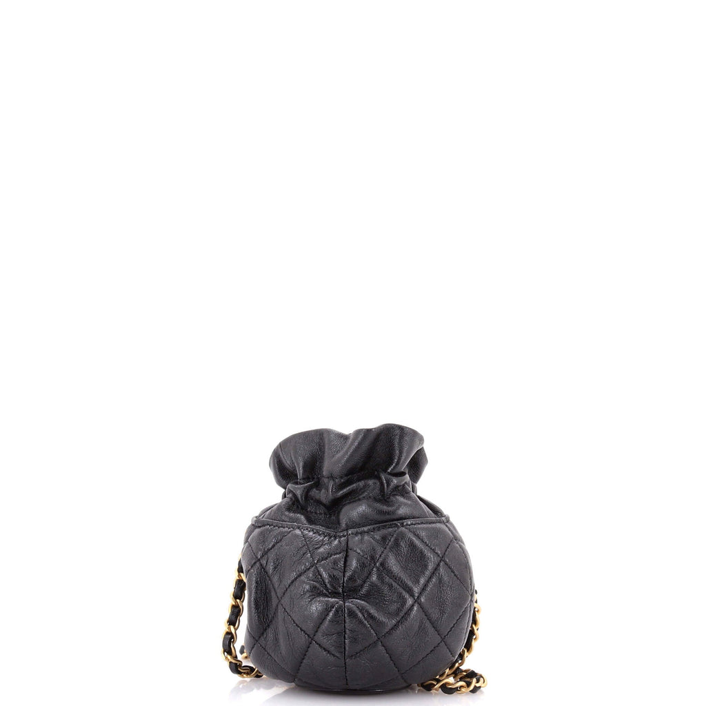 Drawstring CC Round Bucket Clutch with Chain Quilted Lambskin Mini