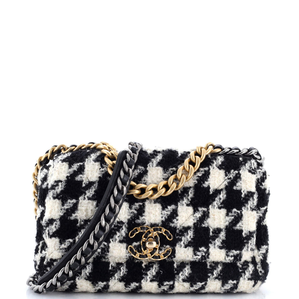 19 Flap Bag Quilted Houndstooth Tweed and Ribbon Medium