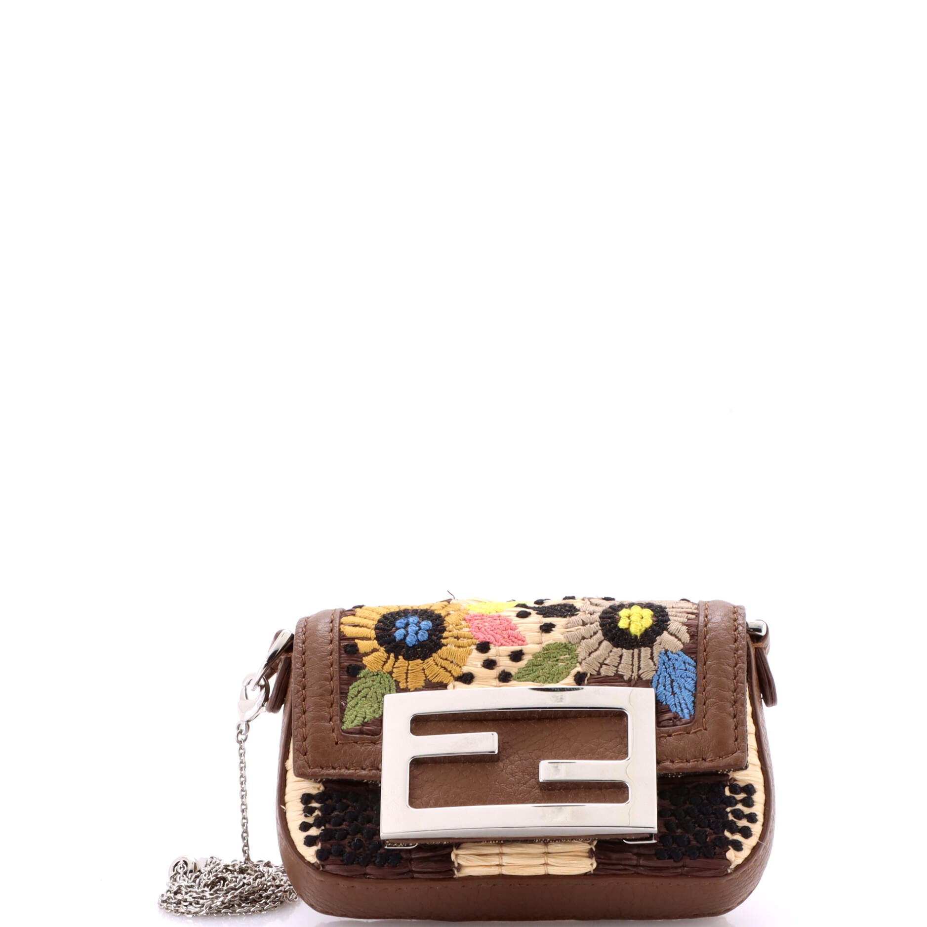 Chain Baguette Charm Bag Embroidered Raffia Nano