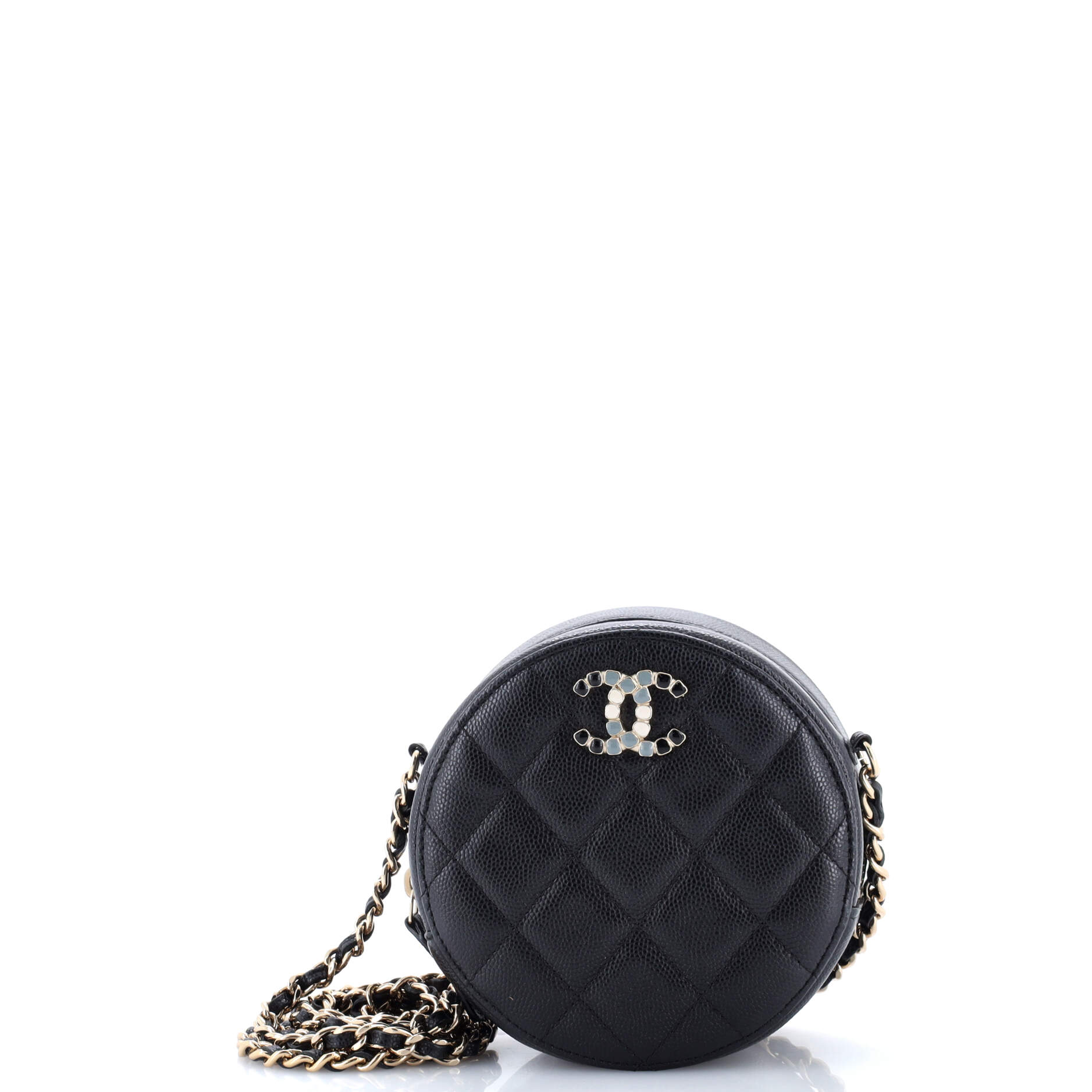 Round Clutch with Chain Quilted Caviar with Lacquered Metal