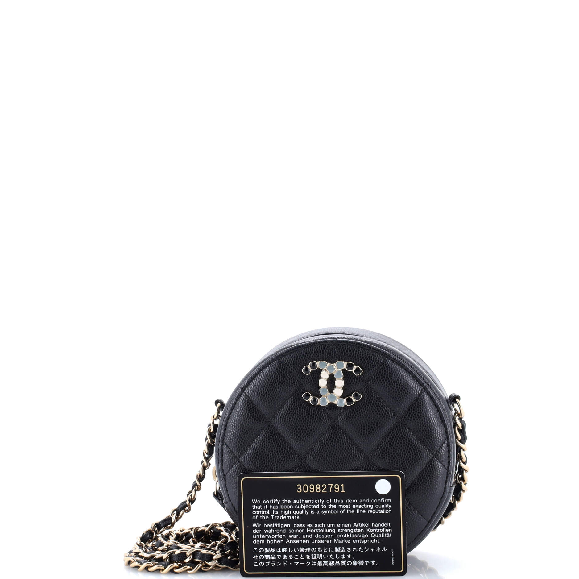 Round Clutch with Chain Quilted Caviar with Lacquered Metal