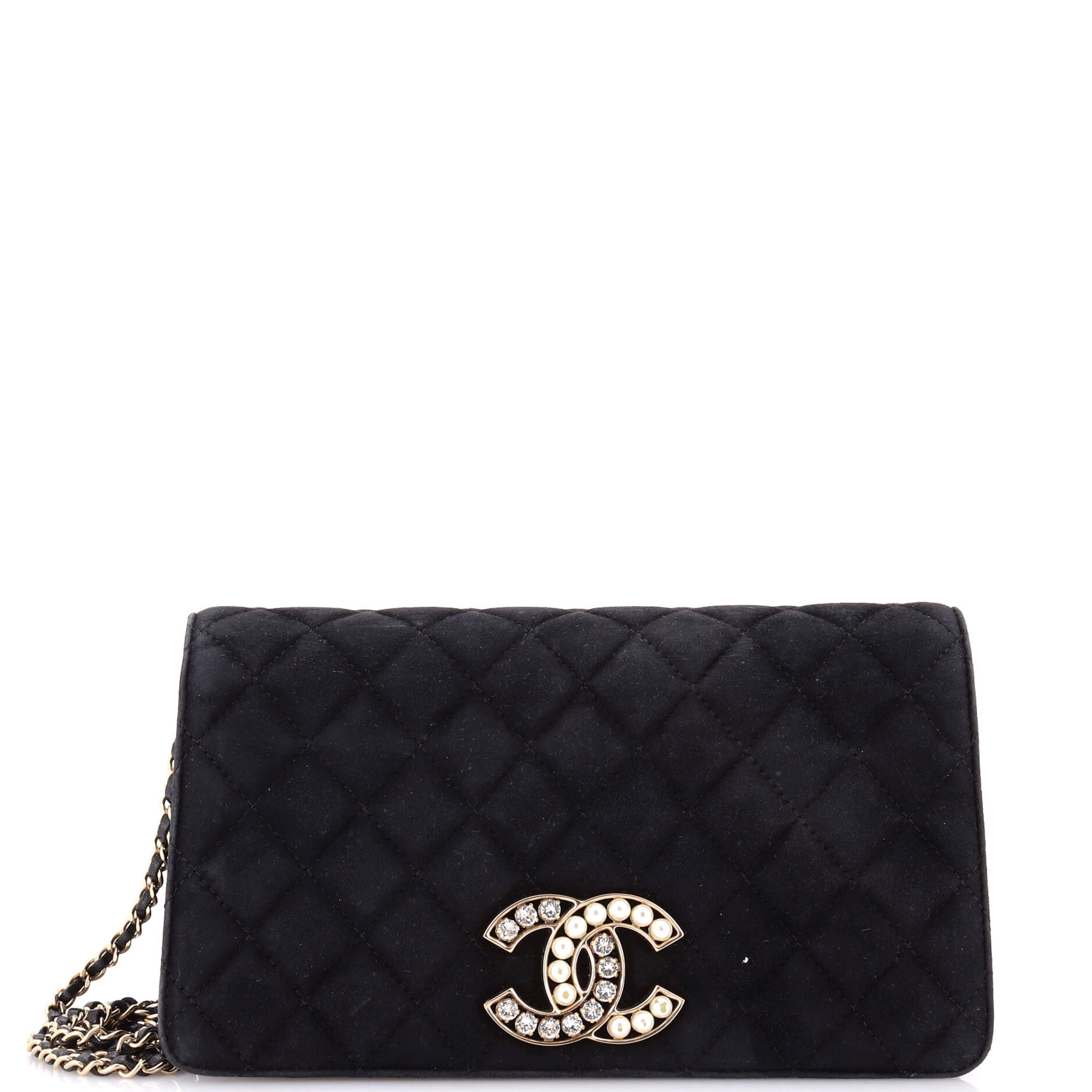 CC Chain Full Flap Bag Quilted Suede with Faux Pearls and Crystals
