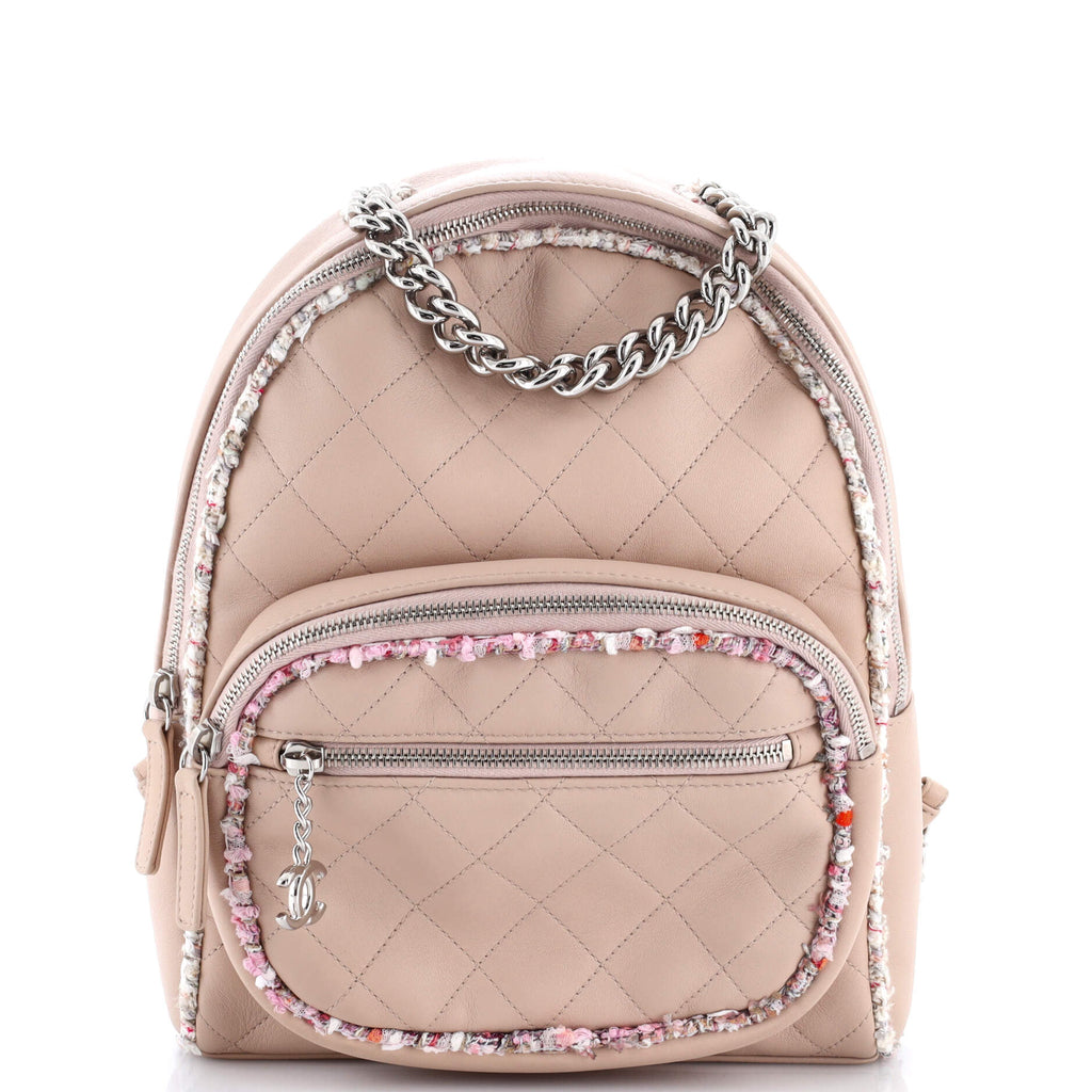 Elegant Trim Backpack Quilted Leather with Tweed Small
