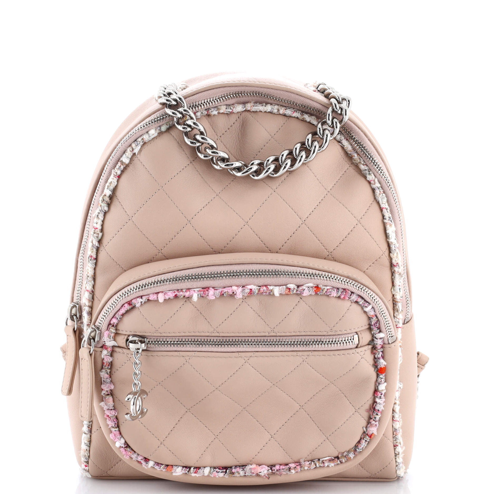 Elegant Trim Backpack Quilted Leather with Tweed Small