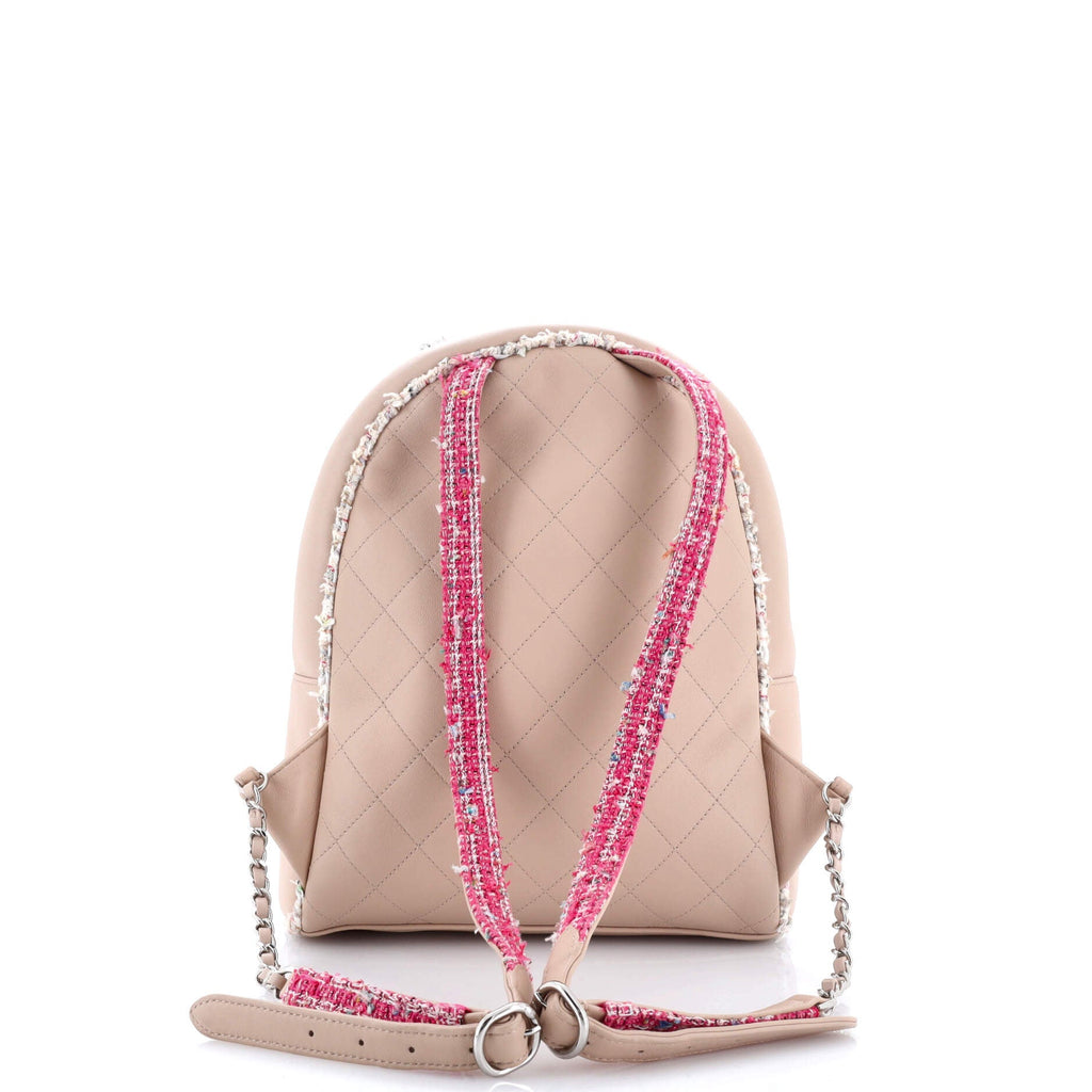 Elegant Trim Backpack Quilted Leather with Tweed Small