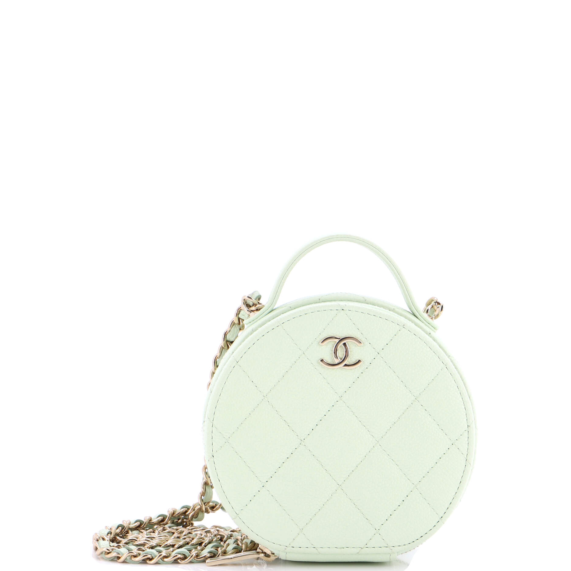 Handle with Care Round Vanity Case with Chain Quilted Caviar Small