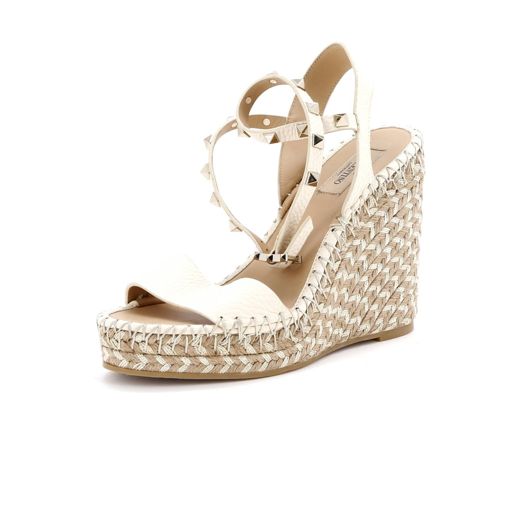 Women's Rockstud Ankle Strap Double Wedge Sandals Leather
