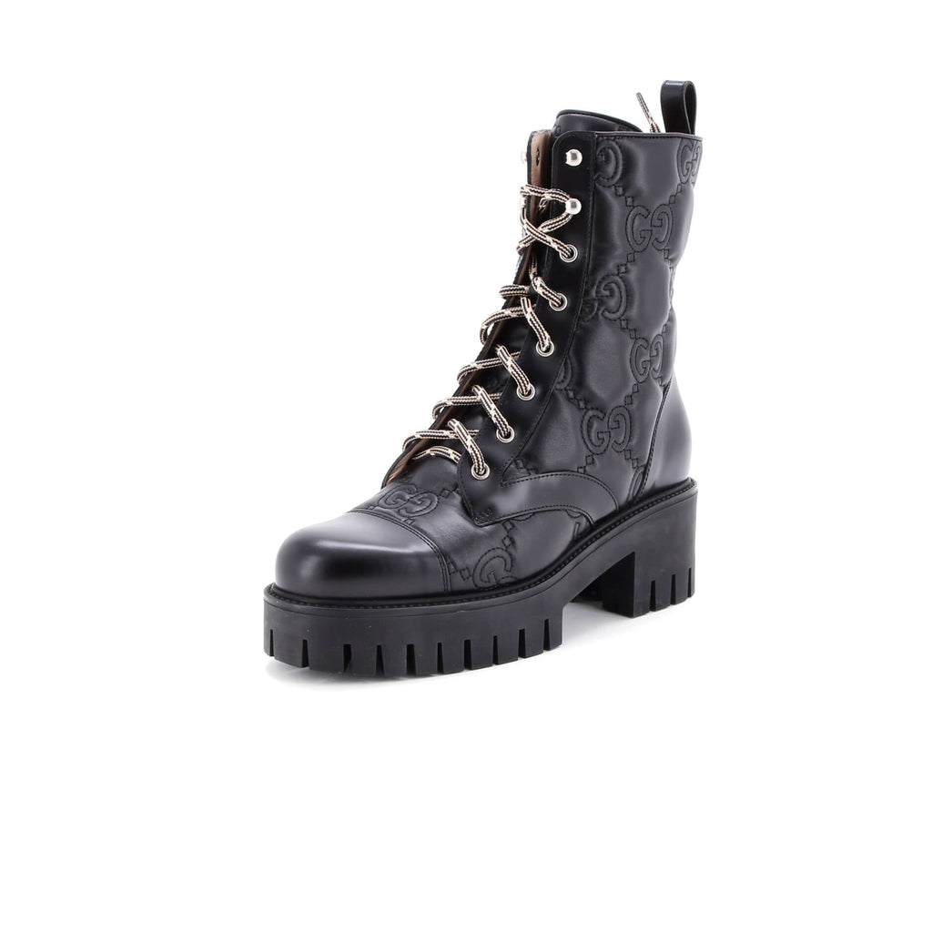 Women's Platform Lug Sole Combat Boots GG Embossed Leather