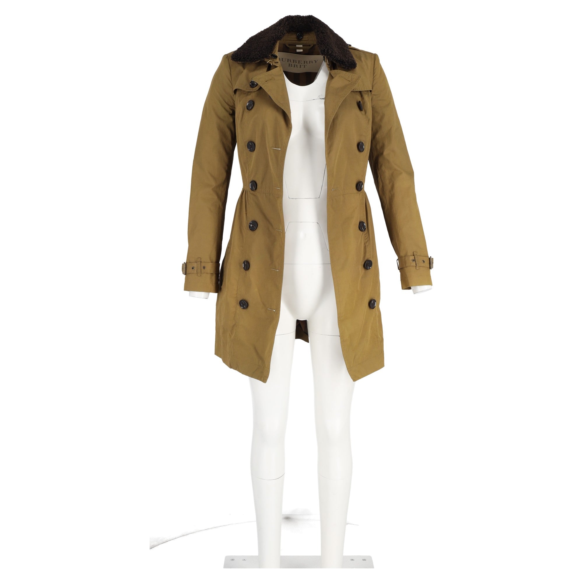 Burberry Brit Long Shearling Collar Trench Coat in Olive Cotton
