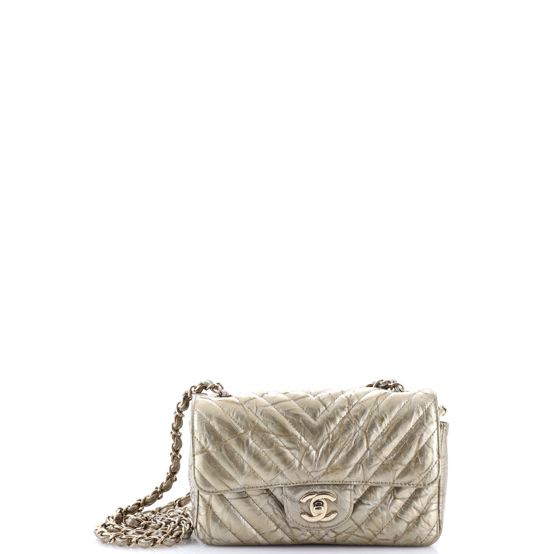 Classic Single Flap Bag Chevron Crumpled Metallic Patent Mini