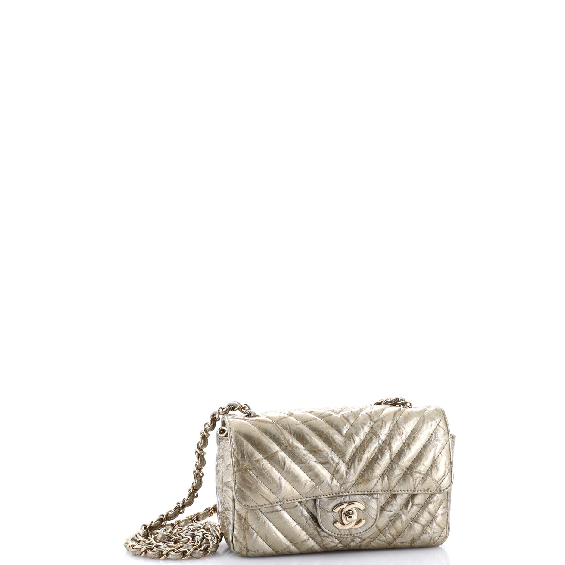 Classic Single Flap Bag Chevron Crumpled Metallic Patent Mini