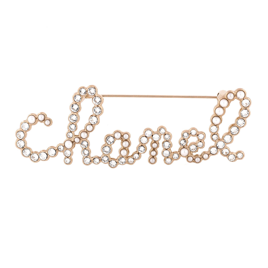 Swirling Logo Brooch Metal with Crystal and Faux Pearls