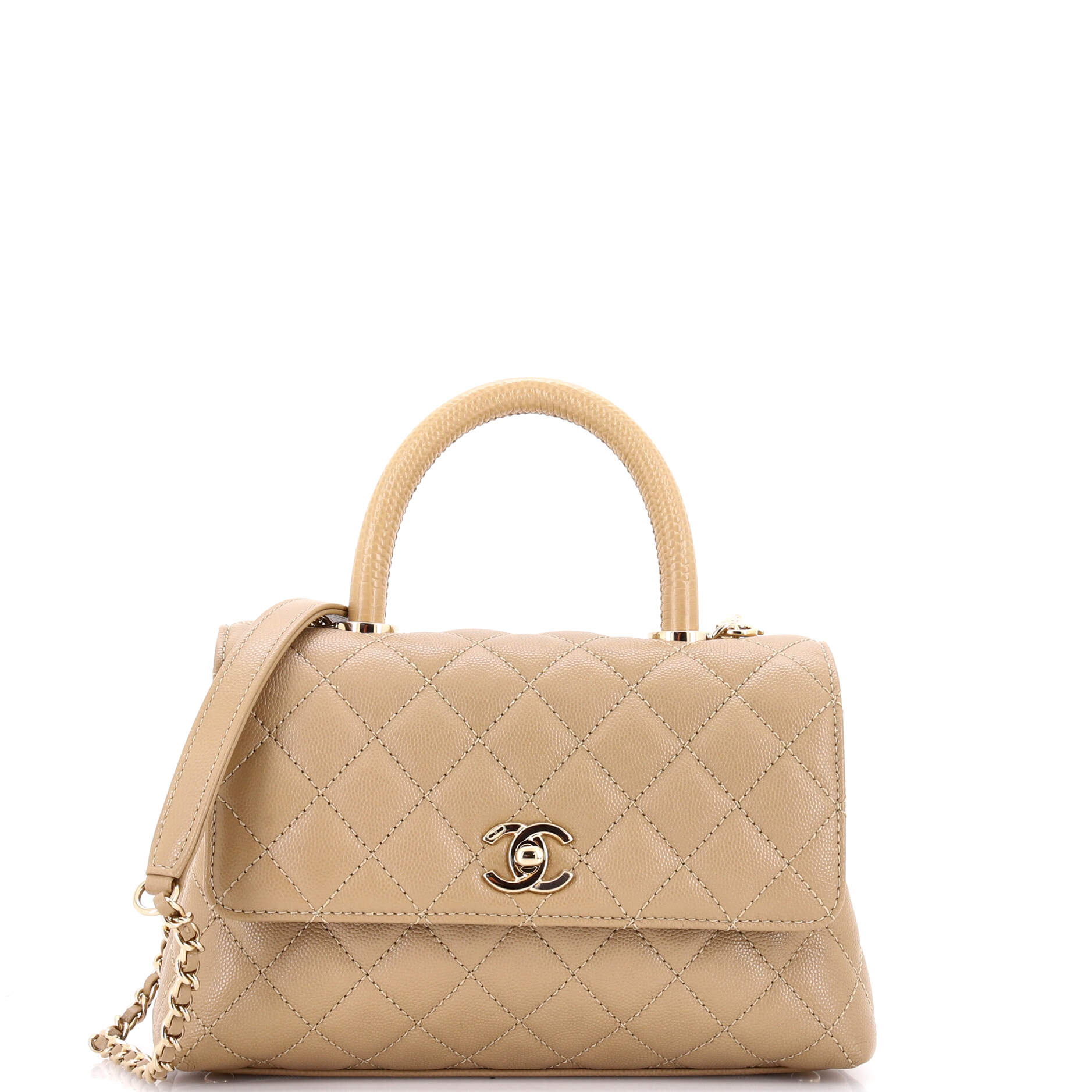 Coco Top Handle Bag Quilted Caviar with Lizard Embossed Handle Mini