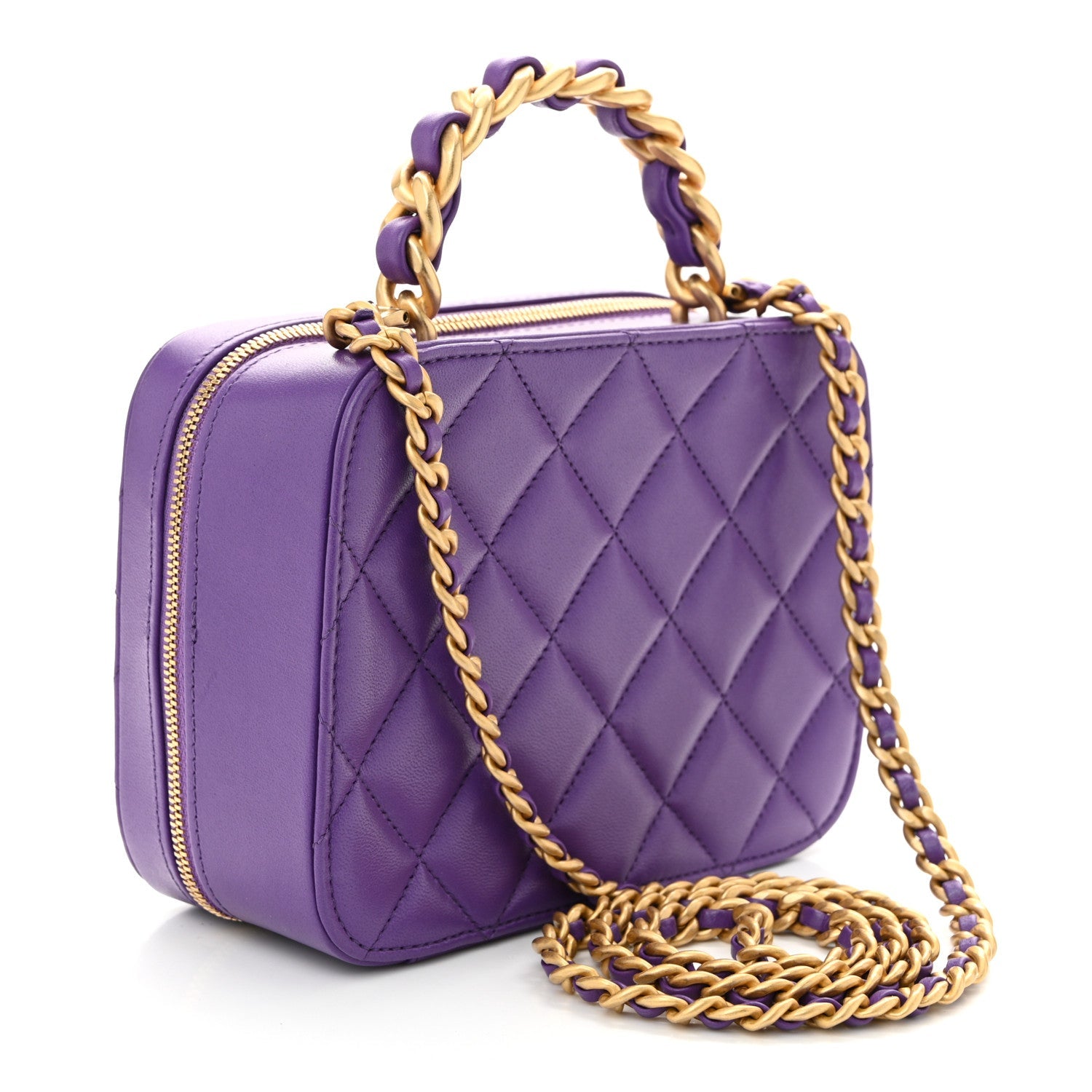 Lambskin Quilted Top Handle Small Vanity Case Purple