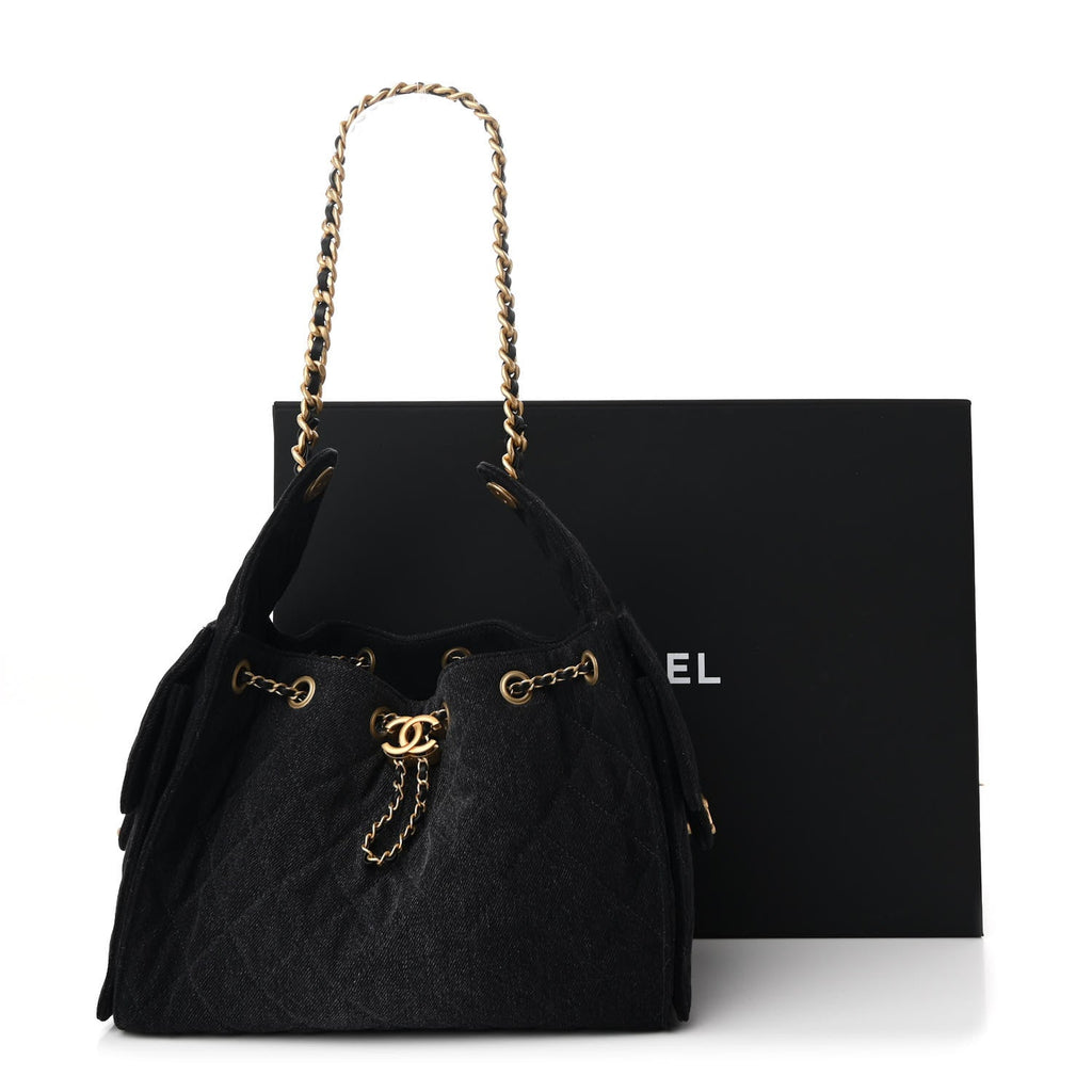 Washed Denim Quilted Small Chanel 25 Handbag Black