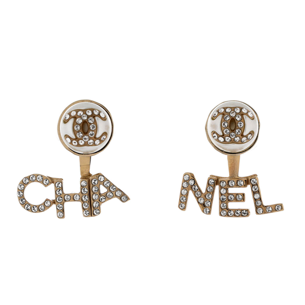 CHA-NEL Drop CC Stud Earrings Metal with Crystals and Faux Pearls