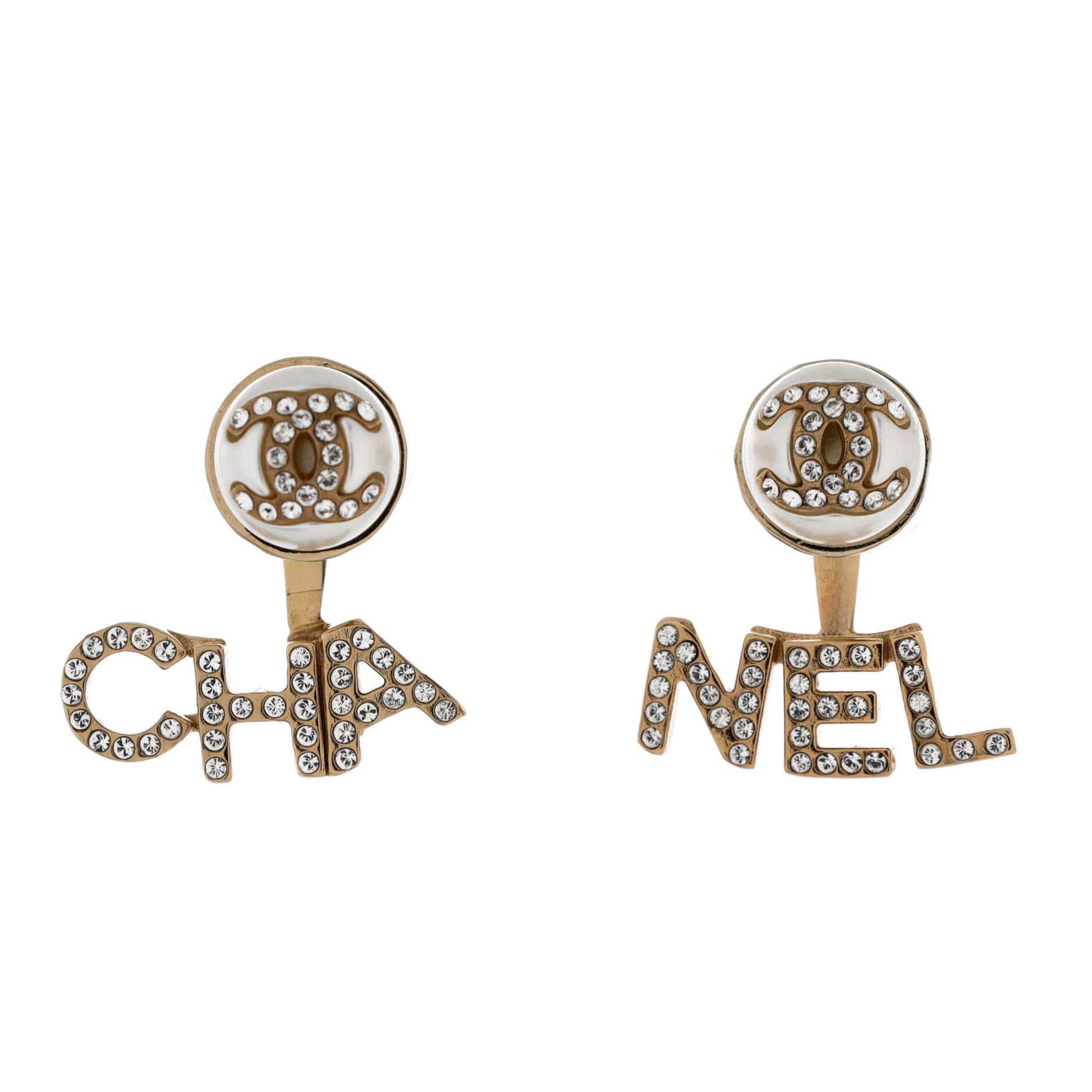 CHA-NEL Drop CC Stud Earrings Metal with Crystals and Faux Pearls