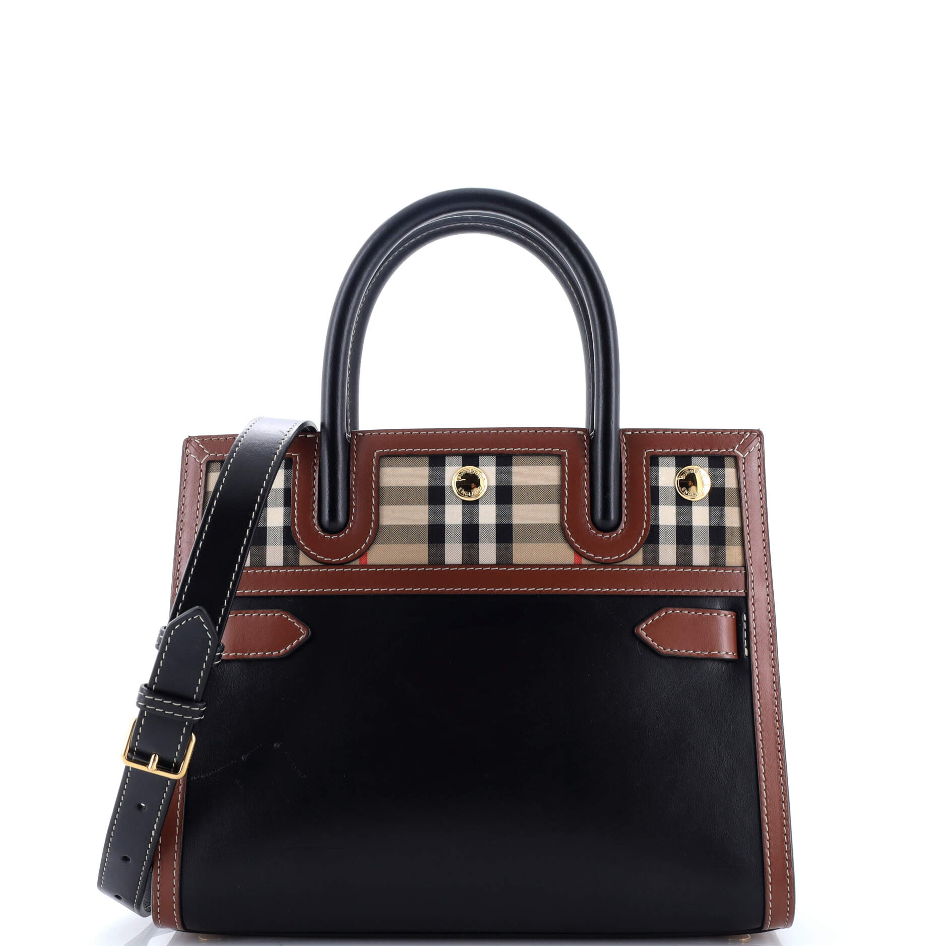 Title Two Handle Tote Leather with Vintage Check Canvas Mini