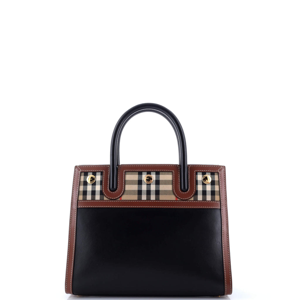 Title Two Handle Tote Leather with Vintage Check Canvas Mini