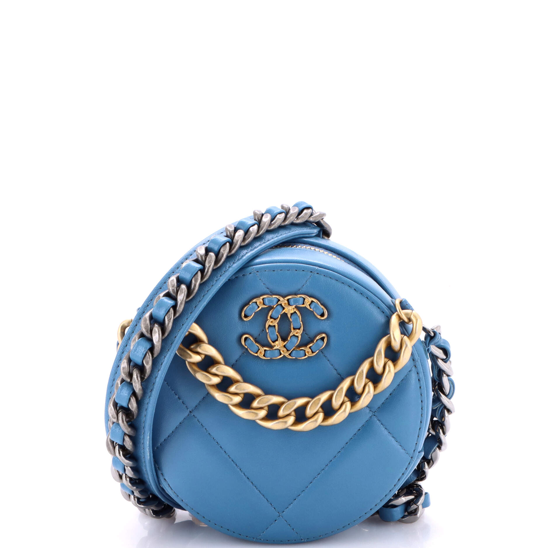 19 Round Clutch with Chain Quilted Leather