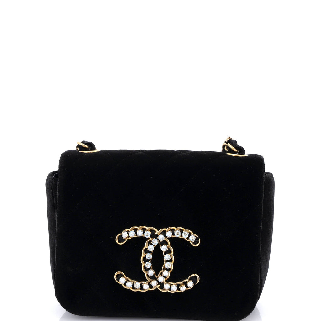 Crystal CC Full Flap Bag Quilted Velvet Mini