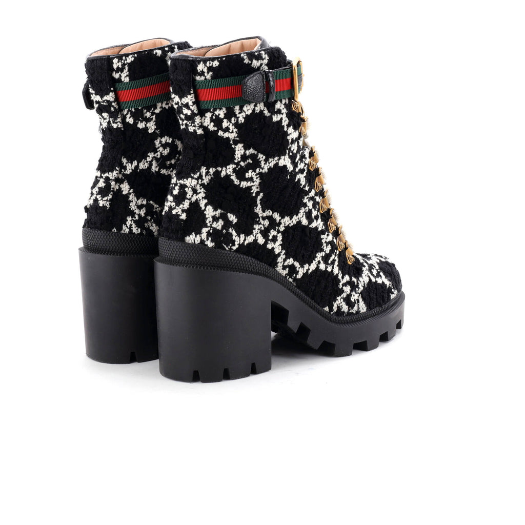 Women's Heeled Lace Up Combat Ankle Boots GG Tweed