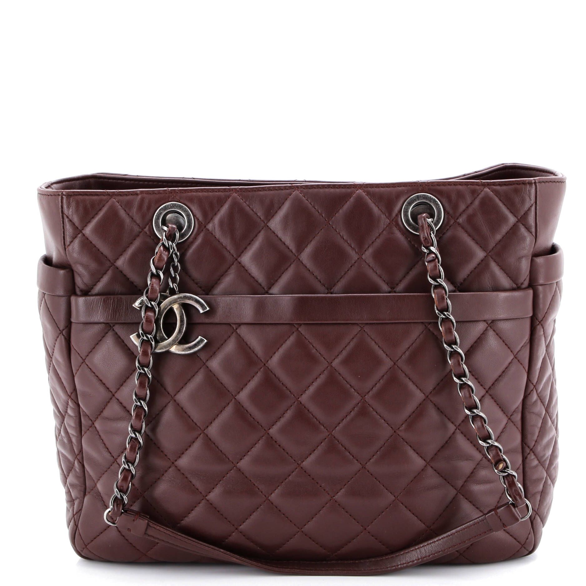 Front Pocket Chain Shopping Tote Quilted Lambskin Small