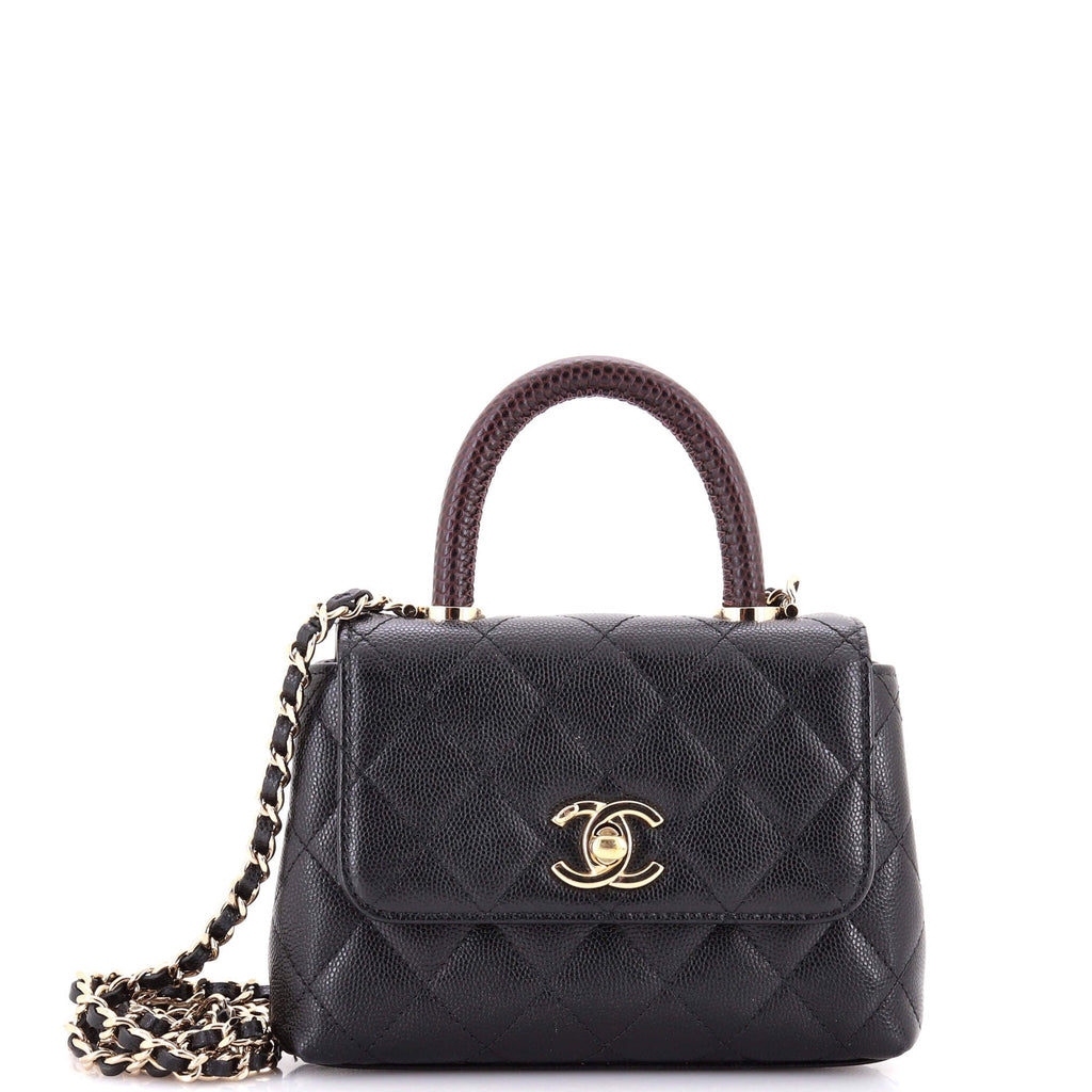 Coco Top Handle Bag Quilted Caviar with Lizard Embossed Handle Extra Mini