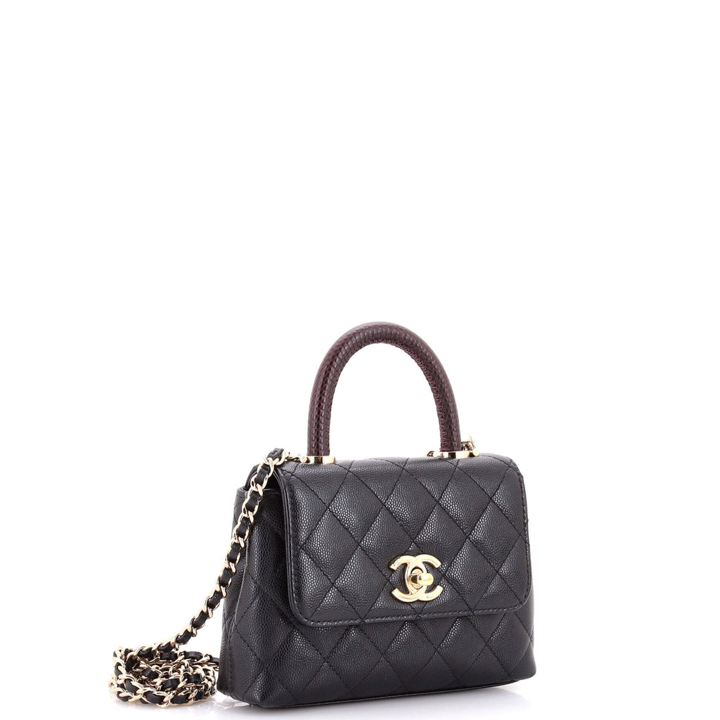 Coco Top Handle Bag Quilted Caviar with Lizard Embossed Handle Extra Mini