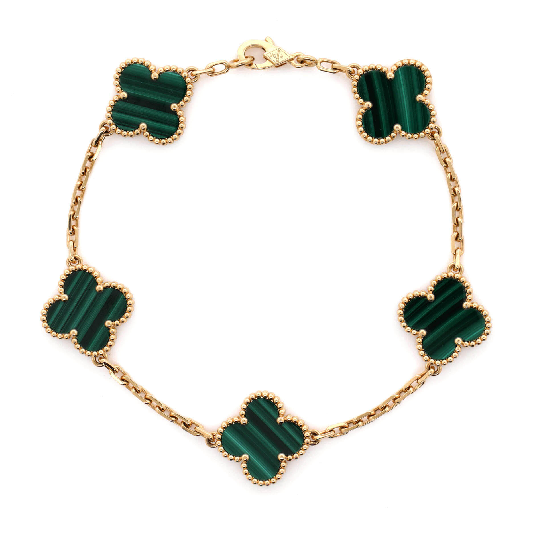 Vintage Alhambra 5 Motifs Bracelet 18K Yellow Gold and Malachite