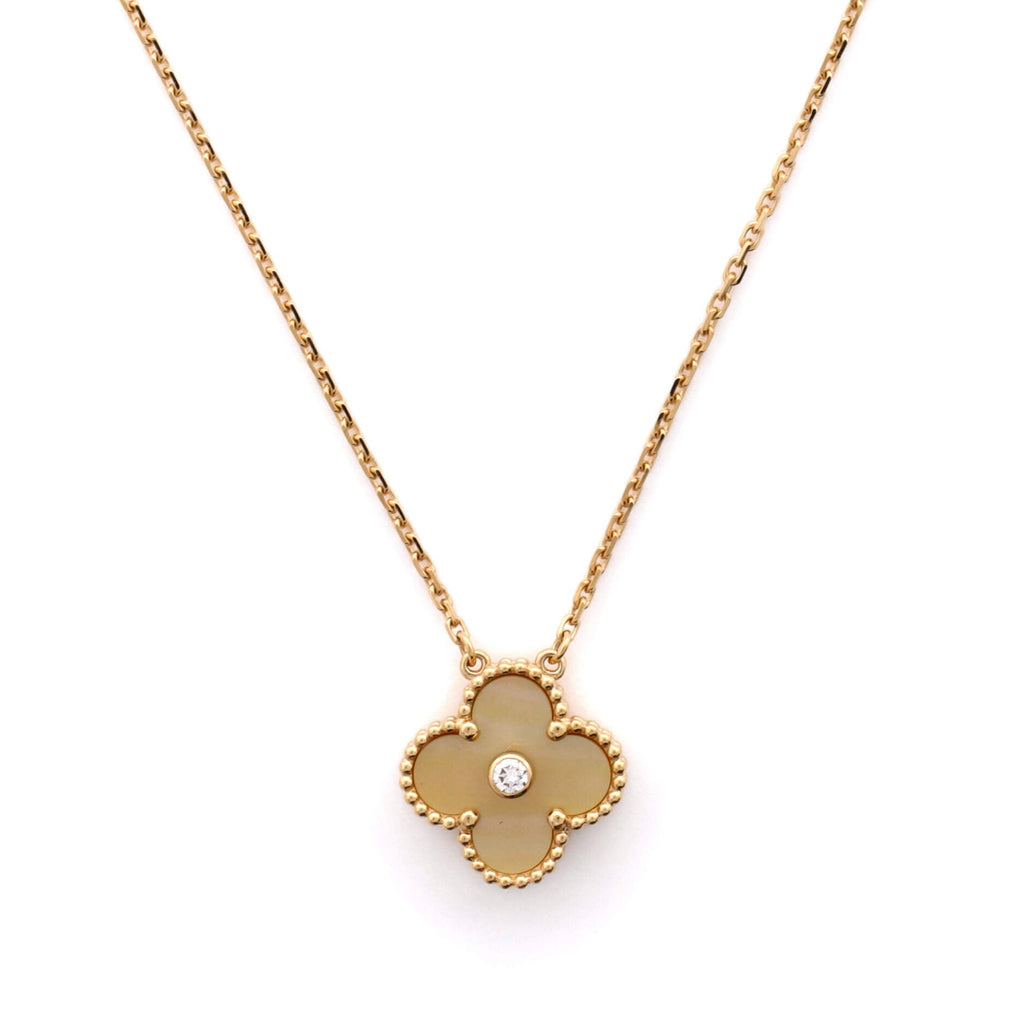 Vintage Alhambra Pendant Necklace 18K Yellow Gold and Gold Mother of Pearl with Diamond