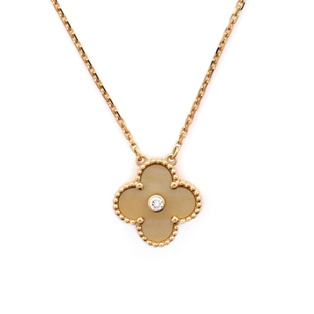 Vintage Alhambra Pendant Necklace 18K Yellow Gold and Gold Mother of Pearl with Diamond