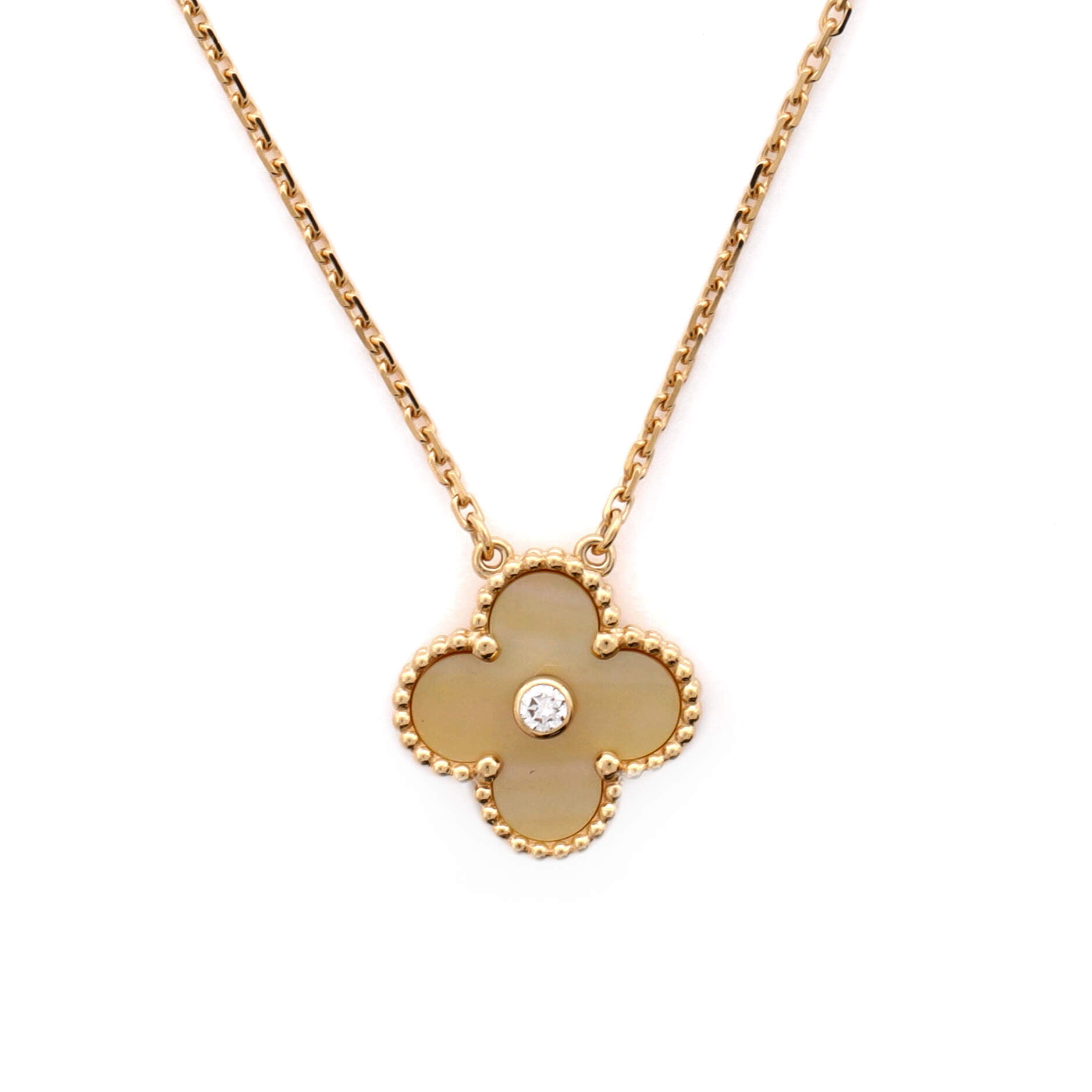 Vintage Alhambra Pendant Necklace 18K Yellow Gold and Gold Mother of Pearl with Diamond