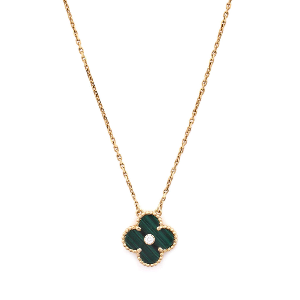 Vintage Alhambra Pendant Necklace 18K Yellow Gold and Malachite with Diamond