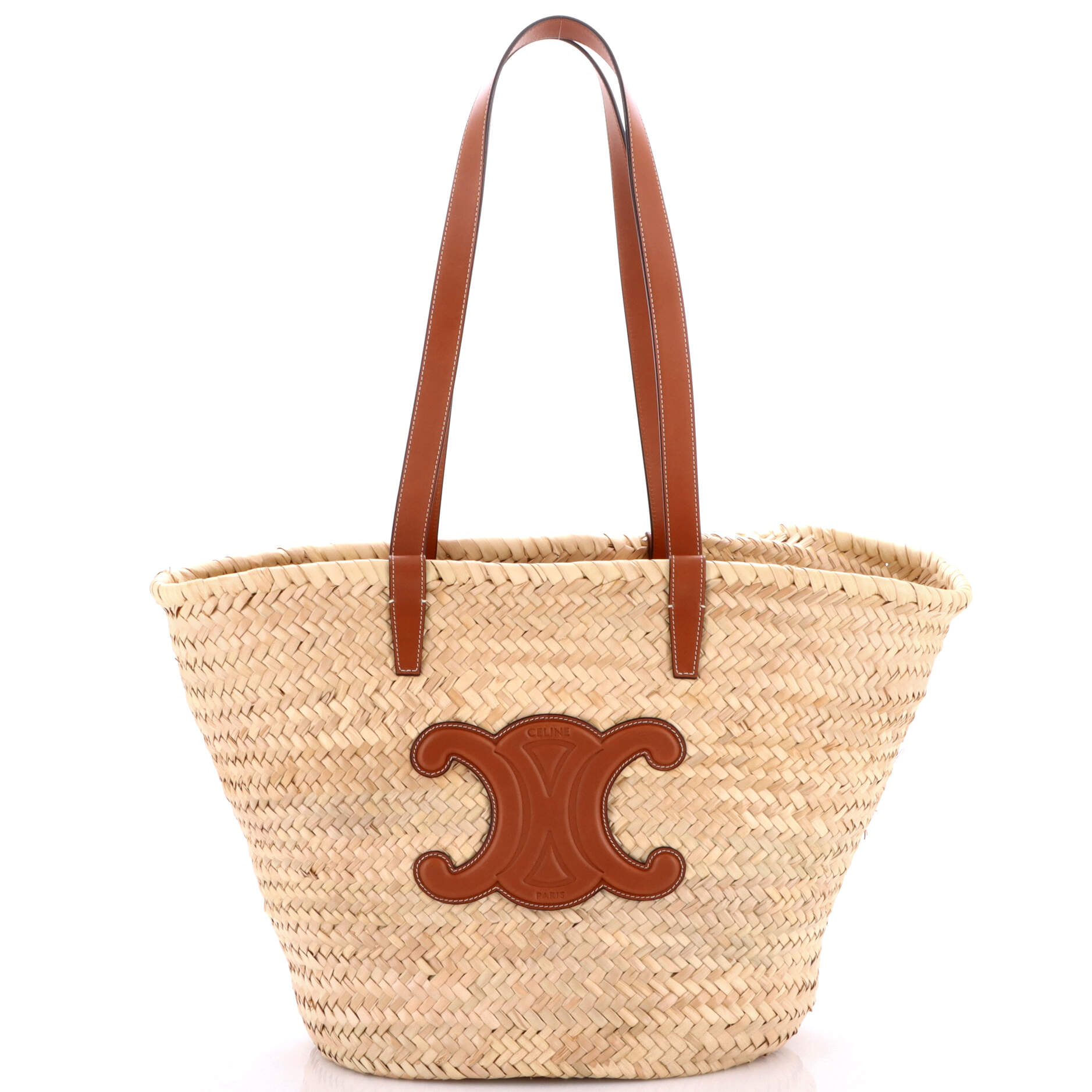 Triomphe Basket Shoulder Bag Raffia with Leather Large